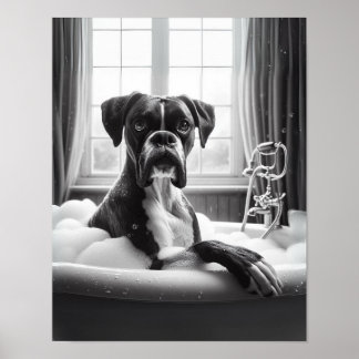 Boxer Dog Bathroom Wall Art, Boxer Taking a Bath  Poster