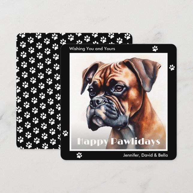 Boxer Dog Black Watercolor Christmas Holiday Card (Front/Back)