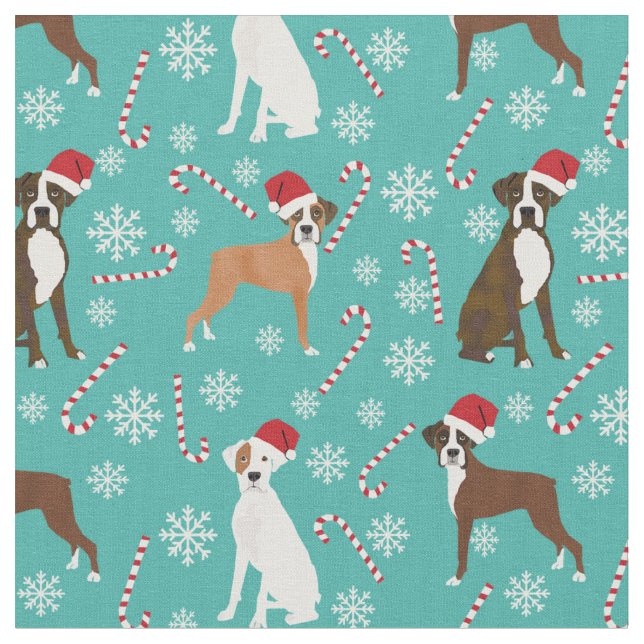 boxer dog candy cane turquoise fabric (Close Up)
