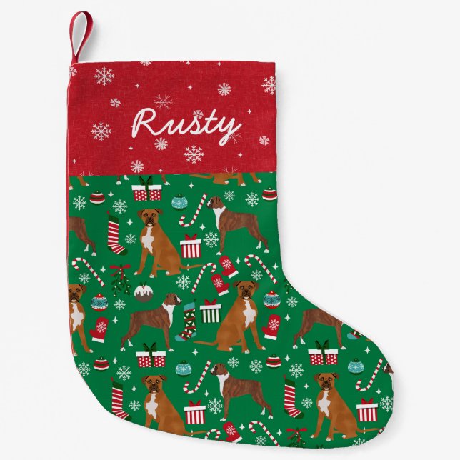 Boxer Dog Christmas Pet Name Small Christmas Stocking (Front)