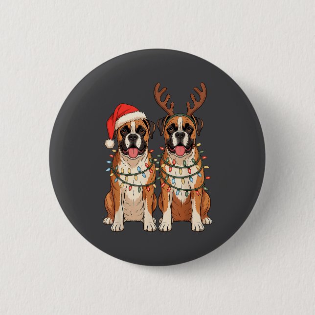 Boxer Dog Christmas Santa Hat Reindeer Lights Paja 2 Inch Round Button (Front)