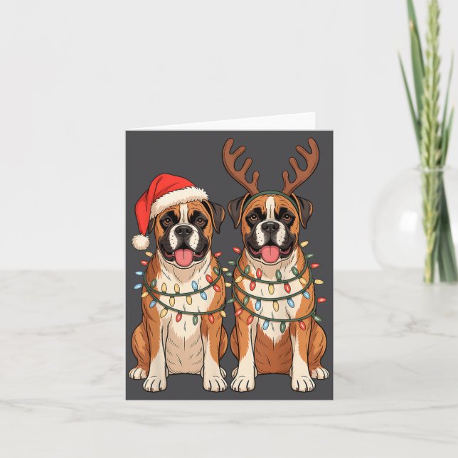 Boxer Dog Christmas Santa Hat Reindeer Lights Paja Card (Front)