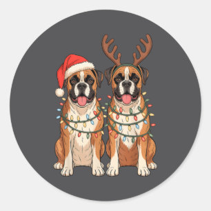 Boxer Dog Christmas Santa Hat Reindeer Lights Paja Classic Round Sticker