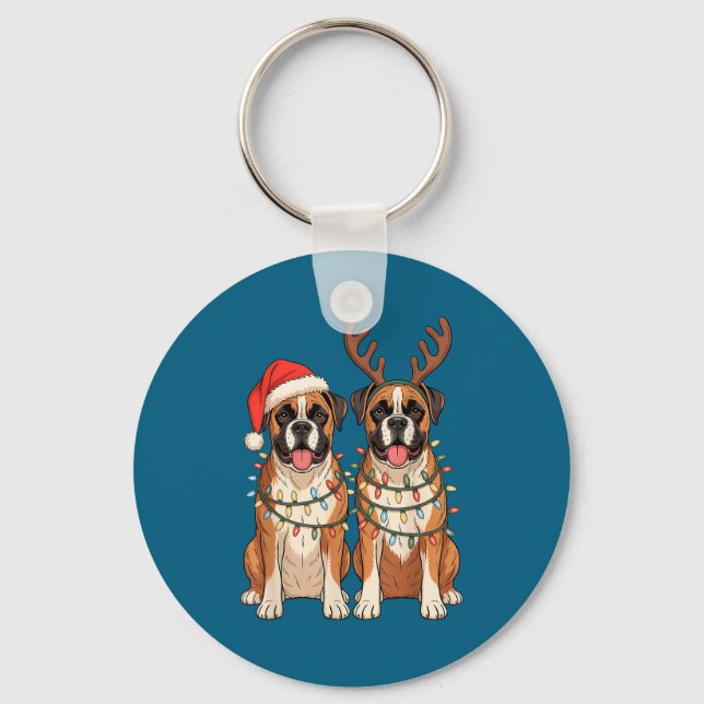 Boxer Dog Christmas Santa Hat Reindeer Lights Paja Keychain (Front)