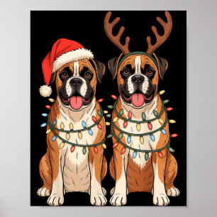 Boxer Dog Christmas Santa Hat Reindeer Lights Paja Poster