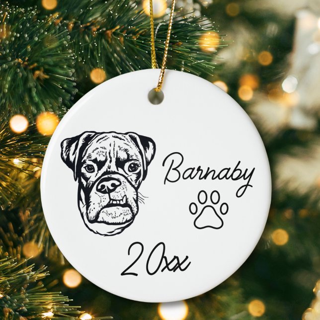 Boxer Dog Custom Name & Year Line Art Ceramic Ornament (Boxer Dog Custom Name and Year Ornament with Paw Print. Black and White Line Art Modern)