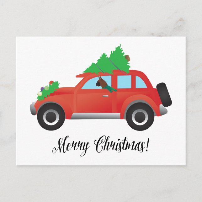 Boxer Dog Driving a car - Christmas Tree on Top Holiday Postcard (Front)