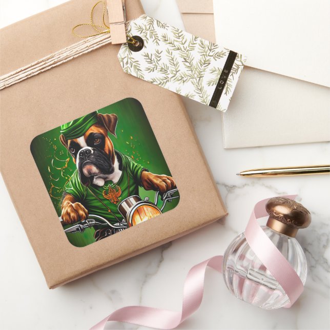 Boxer Dog Driving Bike St. Patrick's Day Square Sticker (Gifting)