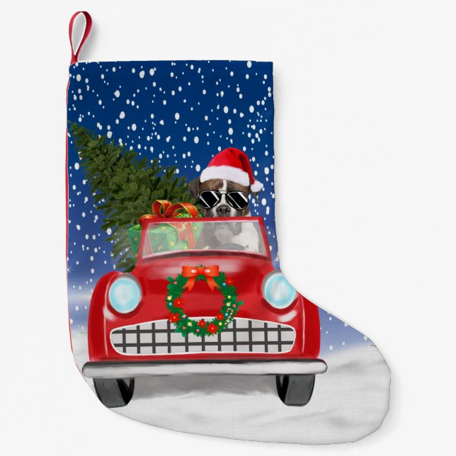 Boxer Dog Driving Car In Snow Christmas  Small Christmas Stocking (Front)
