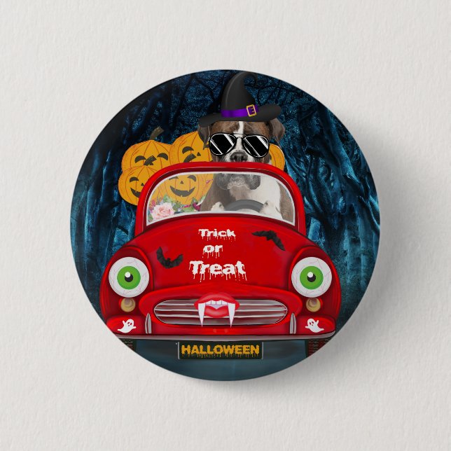 Boxer Dog Driving Car Scary Halloween 2 Inch Round Button (Front)