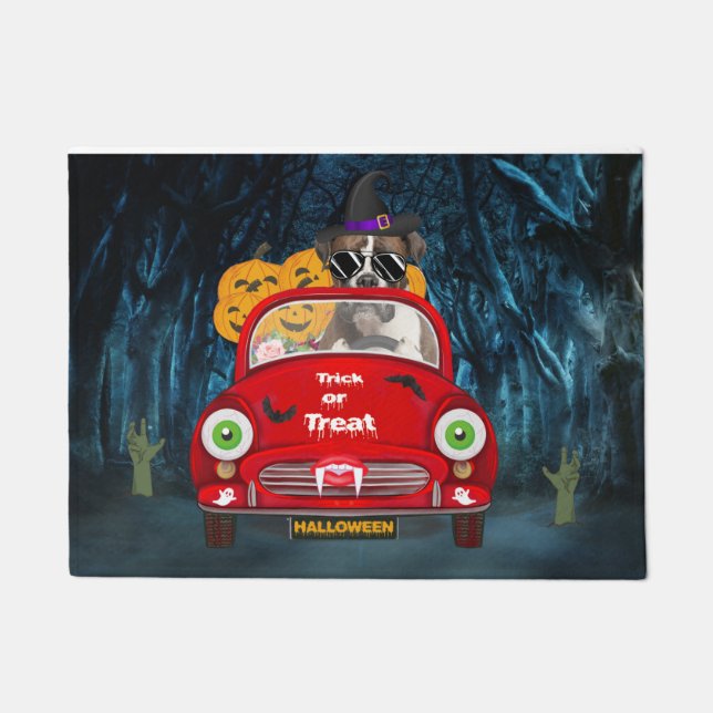 Boxer Dog Driving Car Scary Halloween Doormat (Front)