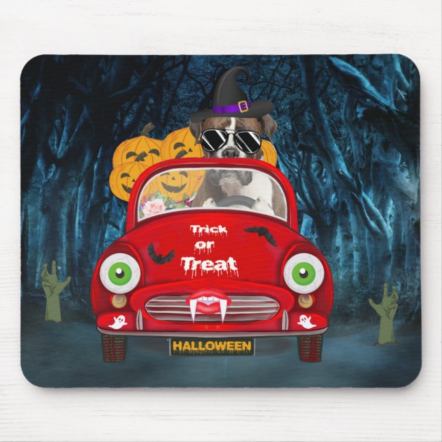 Boxer Dog Driving Car Scary Halloween Mouse Pad (Front)