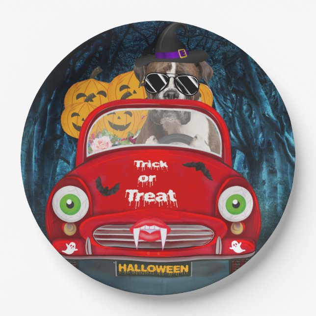 Boxer Dog Driving Car Scary Halloween Paper Plate (Front)