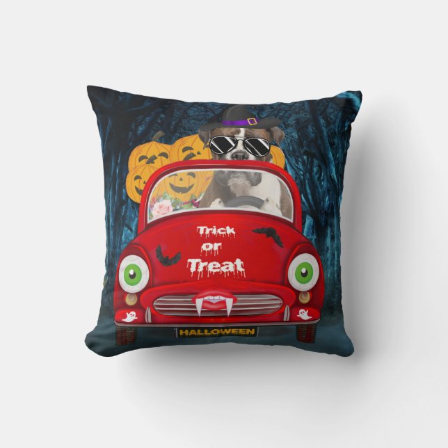 Boxer Dog Driving Car Scary Halloween  Throw Pillow (Front)