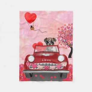 Boxer Dog Driving Car with Hearts Valentine's  Fleece Blanket