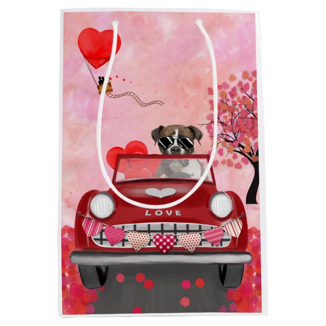 Boxer Dog Driving Car with Hearts Valentine's  Medium Gift Bag (Front)