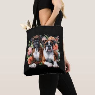 Boxer Dog Duo Amongst The Flowers Tote Bag