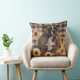 Boxer Dog Fall Watercolor Flowers Throw Pillow