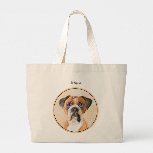 Boxer Dog Fawn Painting Uncropped Ear Cute Dog Art Large Tote Bag (Back)