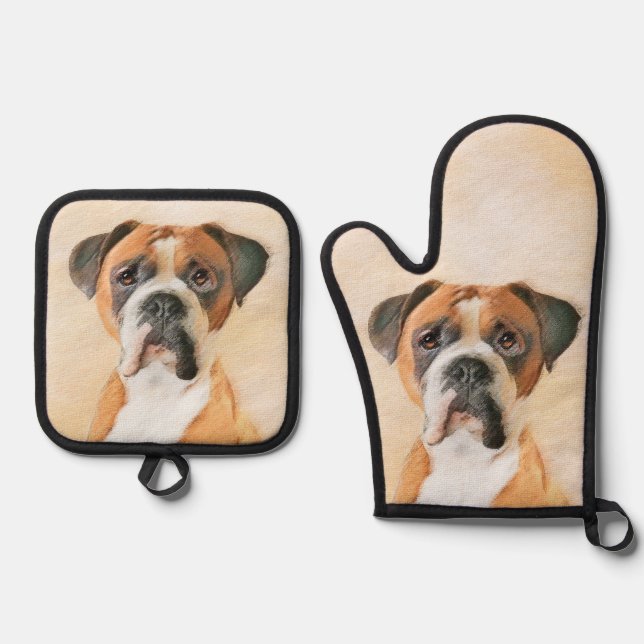 Boxer Dog Fawn Painting Uncropped Ear Cute Dog Art Oven Mitt & Pot Holder Set (Front)