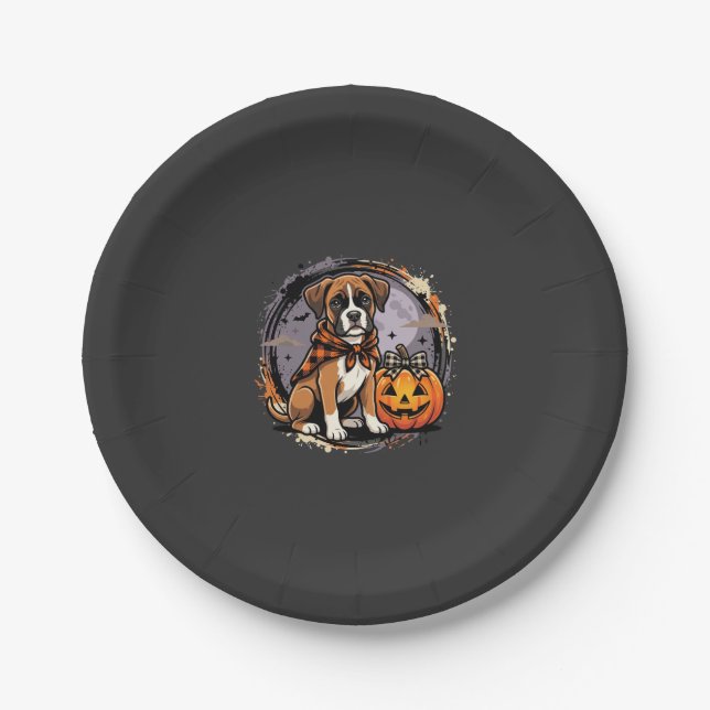 Boxer Dog Halloween Pumpkin Sublimation Paper Plate (Front)