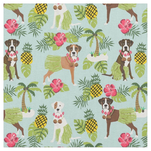 Boxer Dog hula tropical light blue Fabric (Close Up)