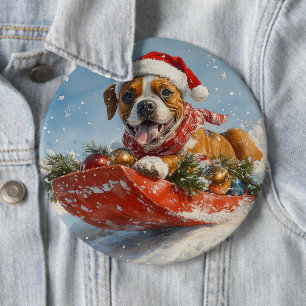 Boxer Dog in Sledge Let it Snow Christmas 6 Inch Round Button