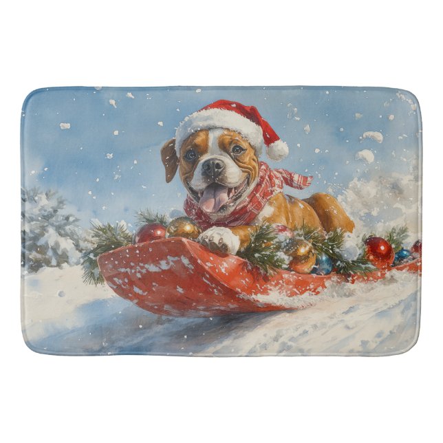 Boxer Dog in Sledge Let it Snow Christmas Bath Mat (Front)
