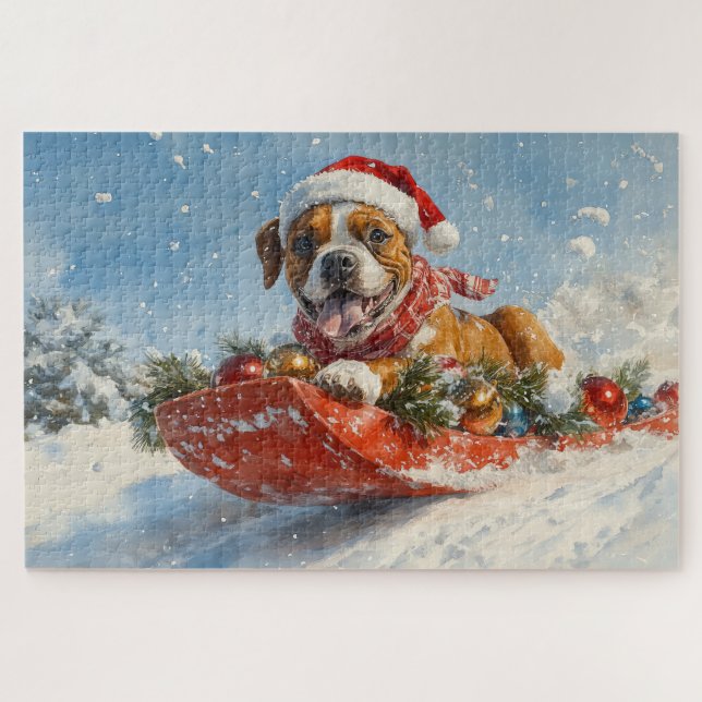 Boxer Dog in Sledge Let it Snow Christmas Jigsaw Puzzle (Horizontal)