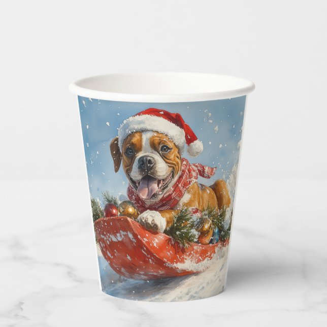 Boxer Dog in Sledge Let it Snow Christmas Paper Cups (Front)
