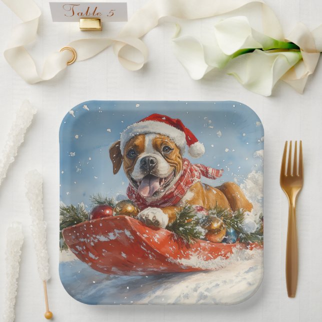 Boxer Dog in Sledge Let it Snow Christmas Paper Plate (Wedding)