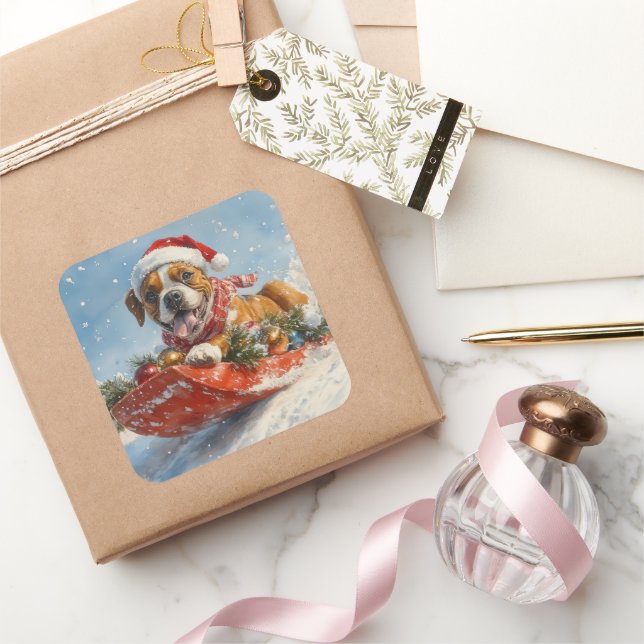 Boxer Dog in Sledge Let it Snow Christmas Square Sticker (Gifting)