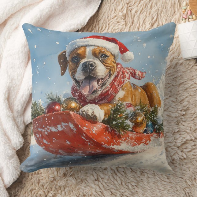 Boxer Dog in Sledge Let it Snow Christmas Throw Pillow (Blanket)