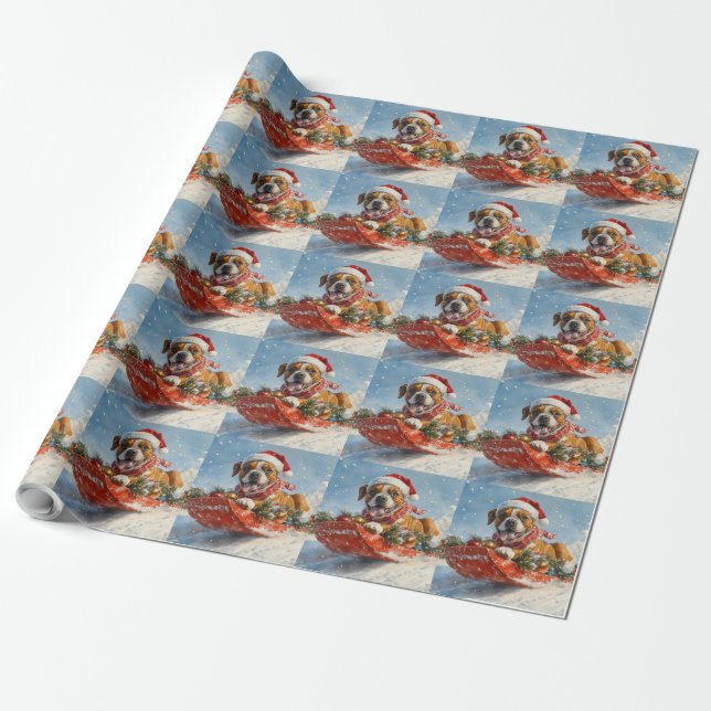 Boxer Dog in Sledge Let it Snow Christmas Wrapping Paper (Unrolled)