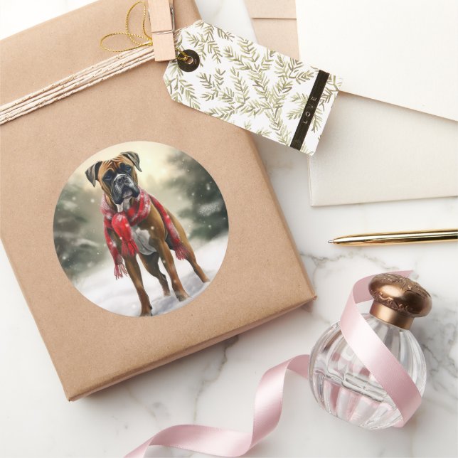 Boxer Dog in Snow Christmas Classic Round Sticker (Gifting)