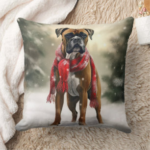 Boxer Dog in Snow Christmas Throw Pillow