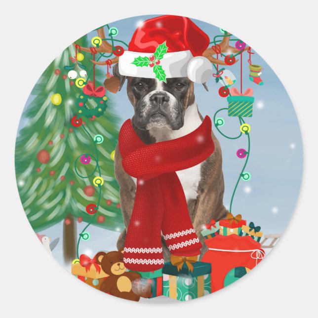 Boxer Dog in Snow with Christmas Gifts Classic Round Sticker (Front)