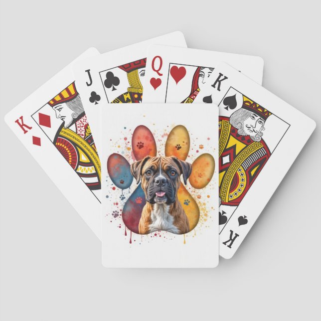 Boxer Dog In Watercolor Pawprint Playing Cards (Back)