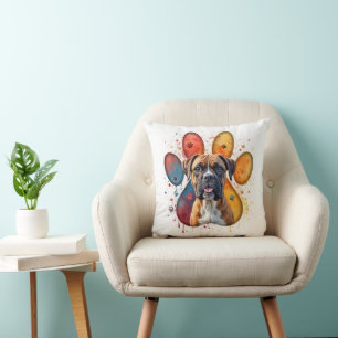 Boxer Dog In Watercolor Pawprint Throw Pillow