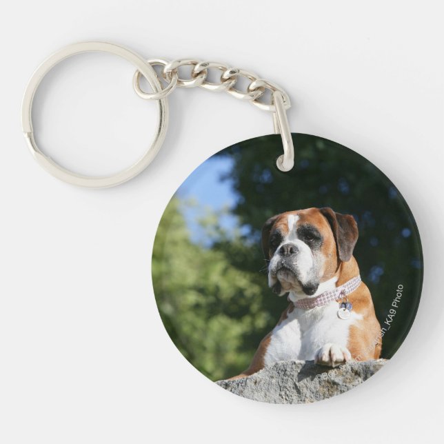 Boxer Dog Laying on a Rock Keychain (Front)
