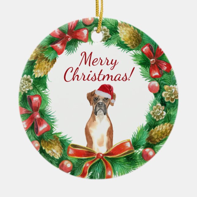 Boxer Dog Merry christmas Ceramic Ornament (Front)