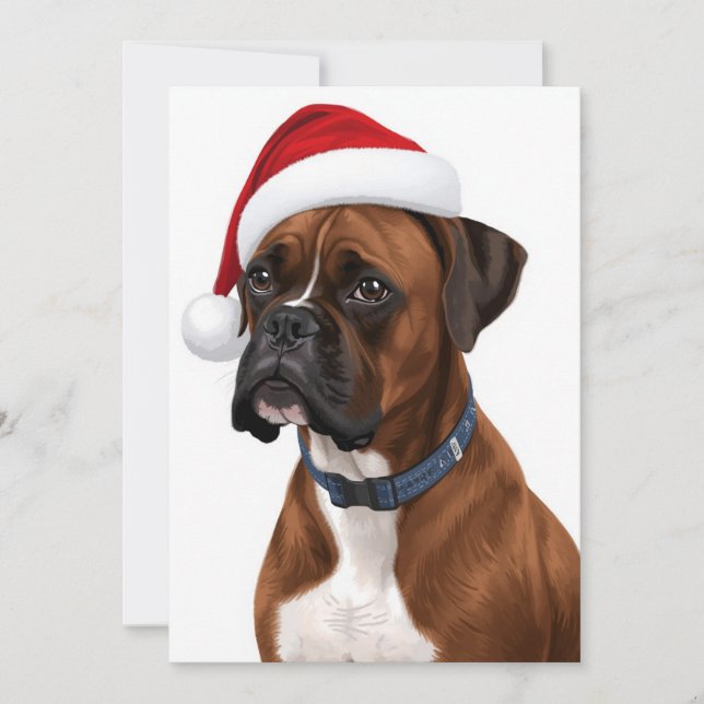 Boxer Dog Merry Christmas Santa Hat Art Holiday Card (Front)