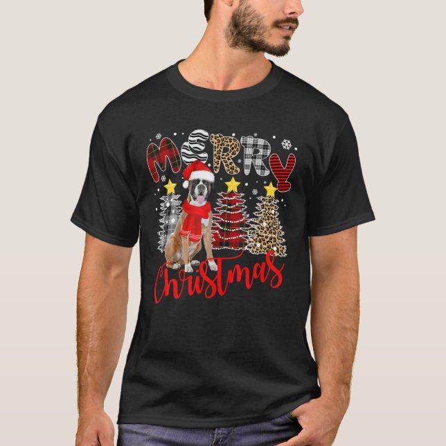 Boxer Dog Merry Christmas Tree Leopard Plaid Print T-Shirt (Front)