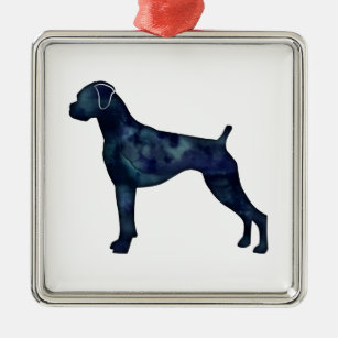 Boxer Dog Natural Ears Black Watercolor Silhouette Metal Ornament