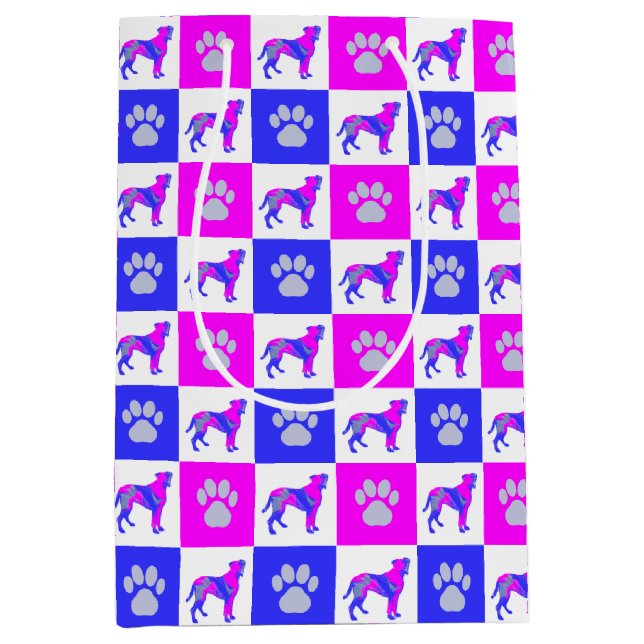 Boxer Dog & Paw Hot Pink & Blue Medium Gift Bag (Front)