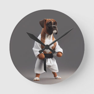 Boxer Dog Play Karate, Boxer Dog Karate Player Round Clock