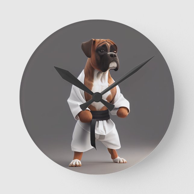 Boxer Dog Play Karate, Boxer Dog Karate Player Round Clock (Front)