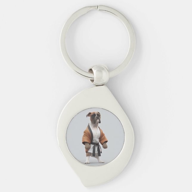 Boxer Dog Play Karate, Karate Champion Boxer Dog Keychain (Front)