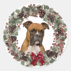 Boxer Dog Red Bow Pinecone Wreath Christmas Classic Round Sticker