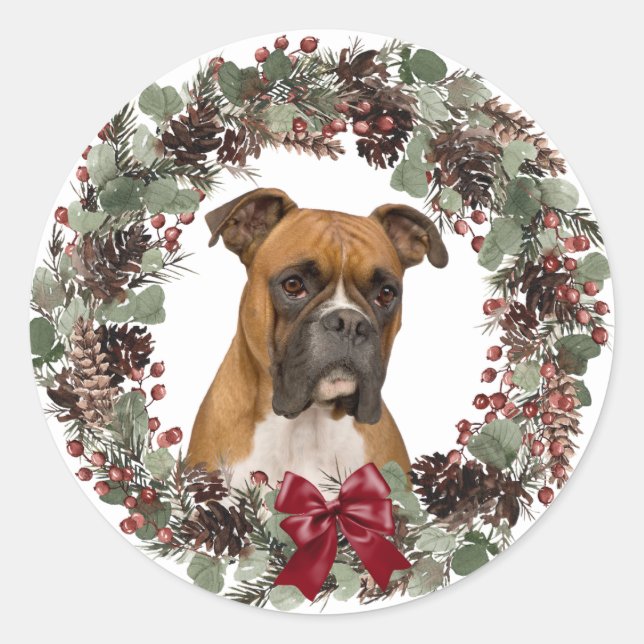 Boxer Dog Red Bow Pinecone Wreath Christmas Classic Round Sticker (Front)
